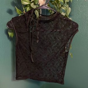 Lace Mandarin Collar Top with Tie Detail